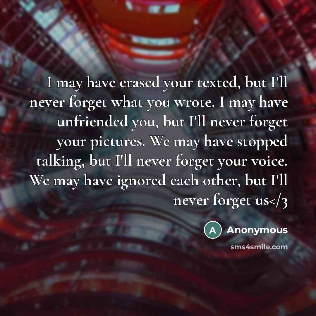 “I may have erased your texted, but I'll never forget…” quote by Anonymous