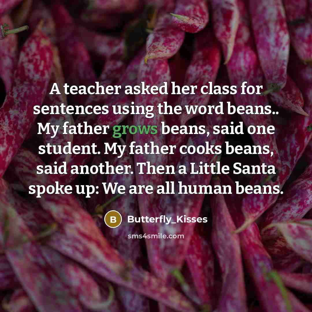 “A teacher asked her class for sentences using the word beans.. My father grows beans, said one student. My father cooks beans, said another. Then a Little Santa spoke up: We are all human beans.” quote by Butterfly_Kisses