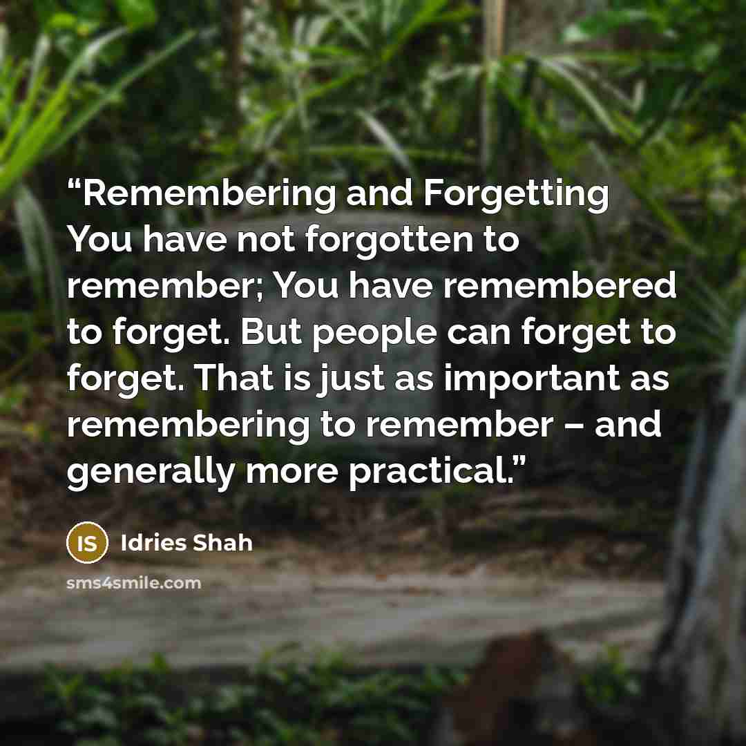 “Remembering and Forgetting You have not forgotten to remember; You have remembered to forget. But people can forget to forget. That is just as important as remembering to remember – and generally more practical.” quote by Idries Shah