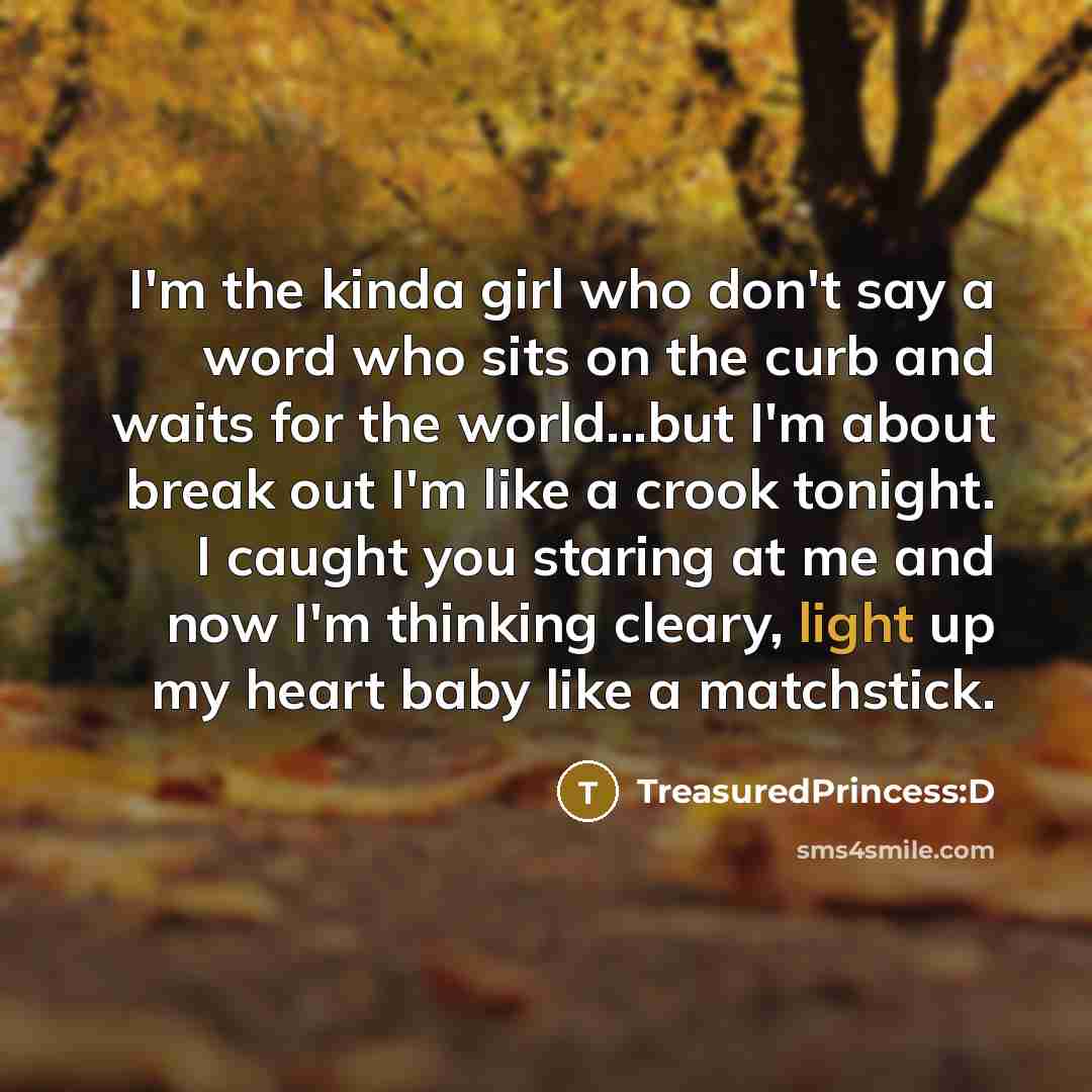 “I'm the kinda girl who don't say a word who sits on the curb and waits for the world...but I'm about break out I'm like a crook tonight. I caught you staring at me and now I'm thinking cleary, light up my heart baby like a matchstick.” quote by TreasuredPrincess:D