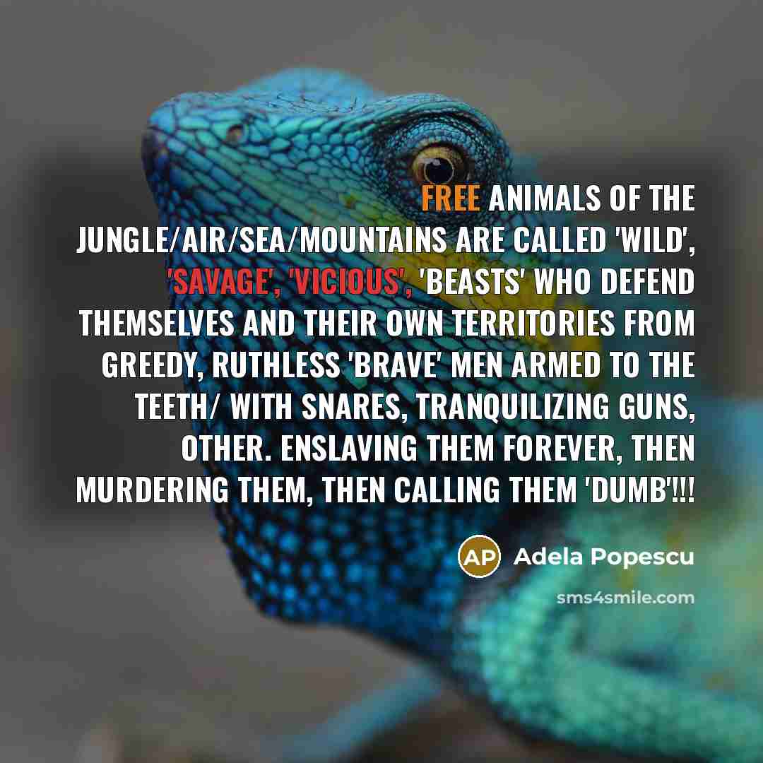“FREE animals of the jungle/air/sea/mountains are called 'wild', 'savage', 'vicious',…” quote by Adela Popescu