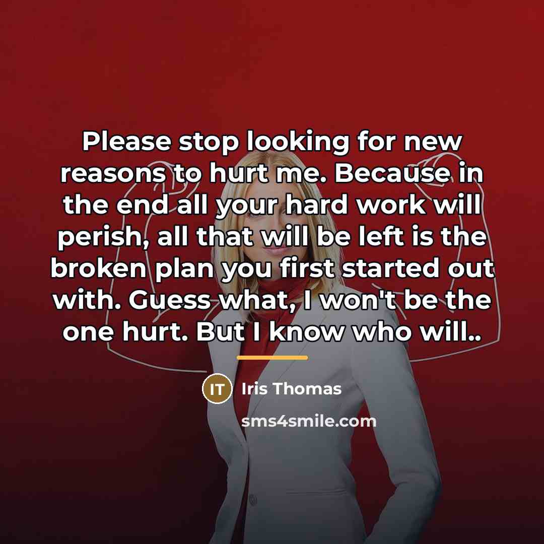 “Please stop looking for new reasons to hurt me. Because…” quote by Iris Thomas