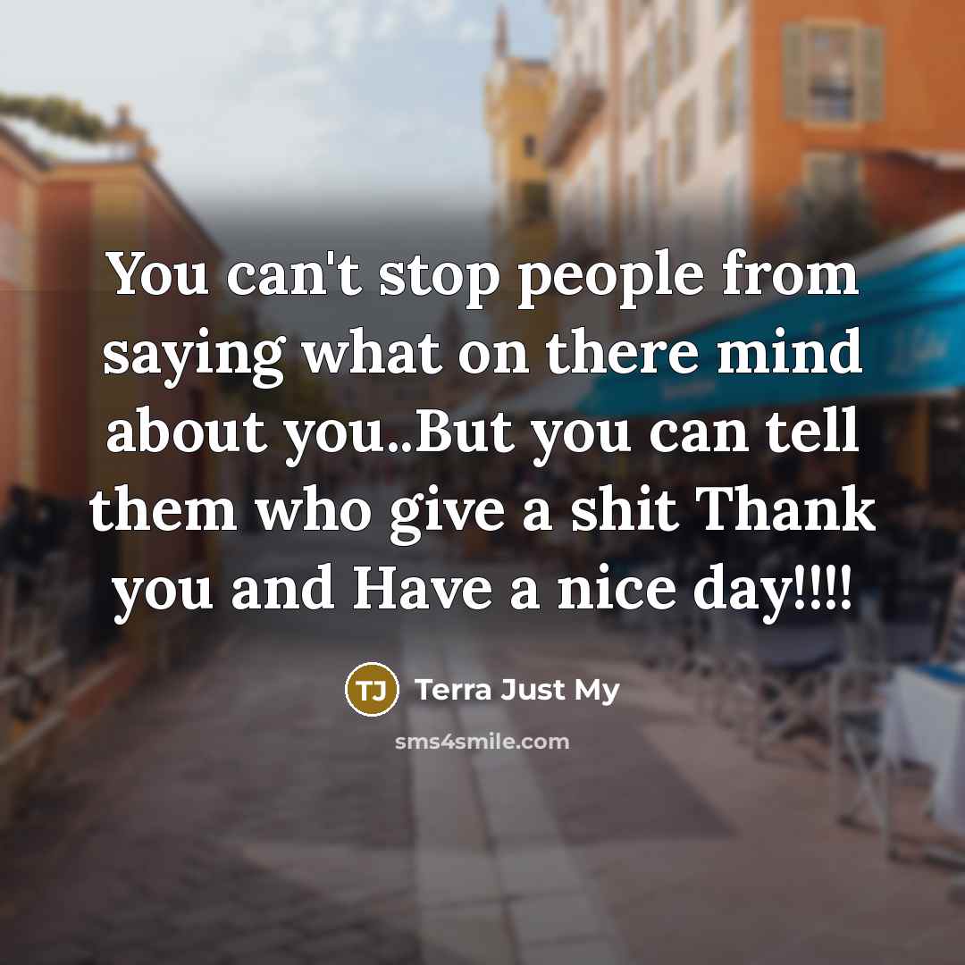 “You can't stop people from saying what on there mind about you..But you can tell them who give a shit Thank you and Have a nice day!!!!” quote by Terra Just My