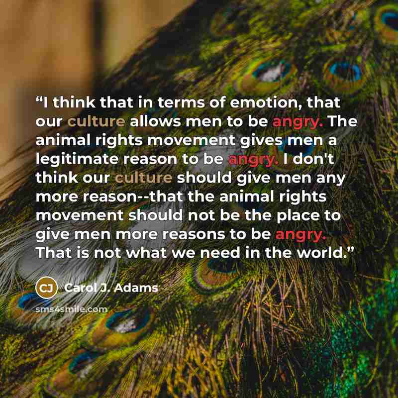 “I think that in terms of emotion, that our culture allows men to be angry. The animal rights movement gives men a legitimate reason to be angry. I don't think our culture should give men any more reason--that the animal rights movement should not be the place to give men more reasons to be angry…” quote by Carol J. Adams
