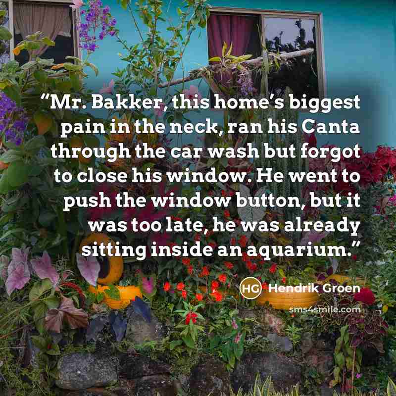 “Mr. Bakker, this home’s biggest pain in the neck, ran his Canta through the car wash but forgot to close his window. He went to push the window button, but it was too late, he was already sitting inside an aquarium.” quote by Hendrik Groen