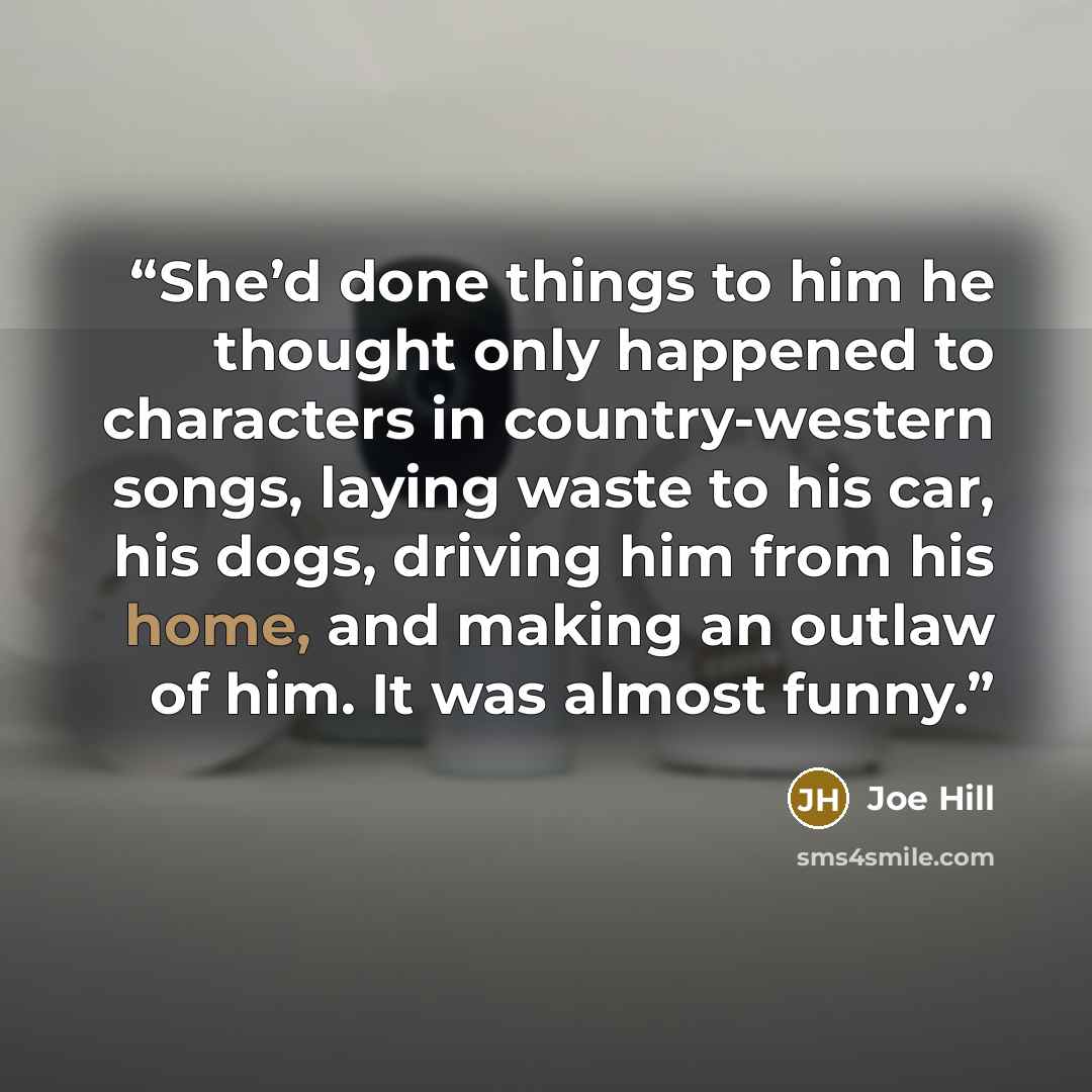 “She’d done things to him he thought only happened to characters in country-western songs, laying waste to his car, his dogs, driving him from his home, and making an outlaw of him. It was almost funny.” quote by Joe Hill