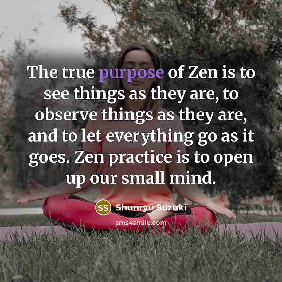 “The true purpose of Zen is to see things as they are, to observe things as they are, and to let everything go as it goes. Zen practice is to open up our small mind.” quote by Shunryu Suzuki
