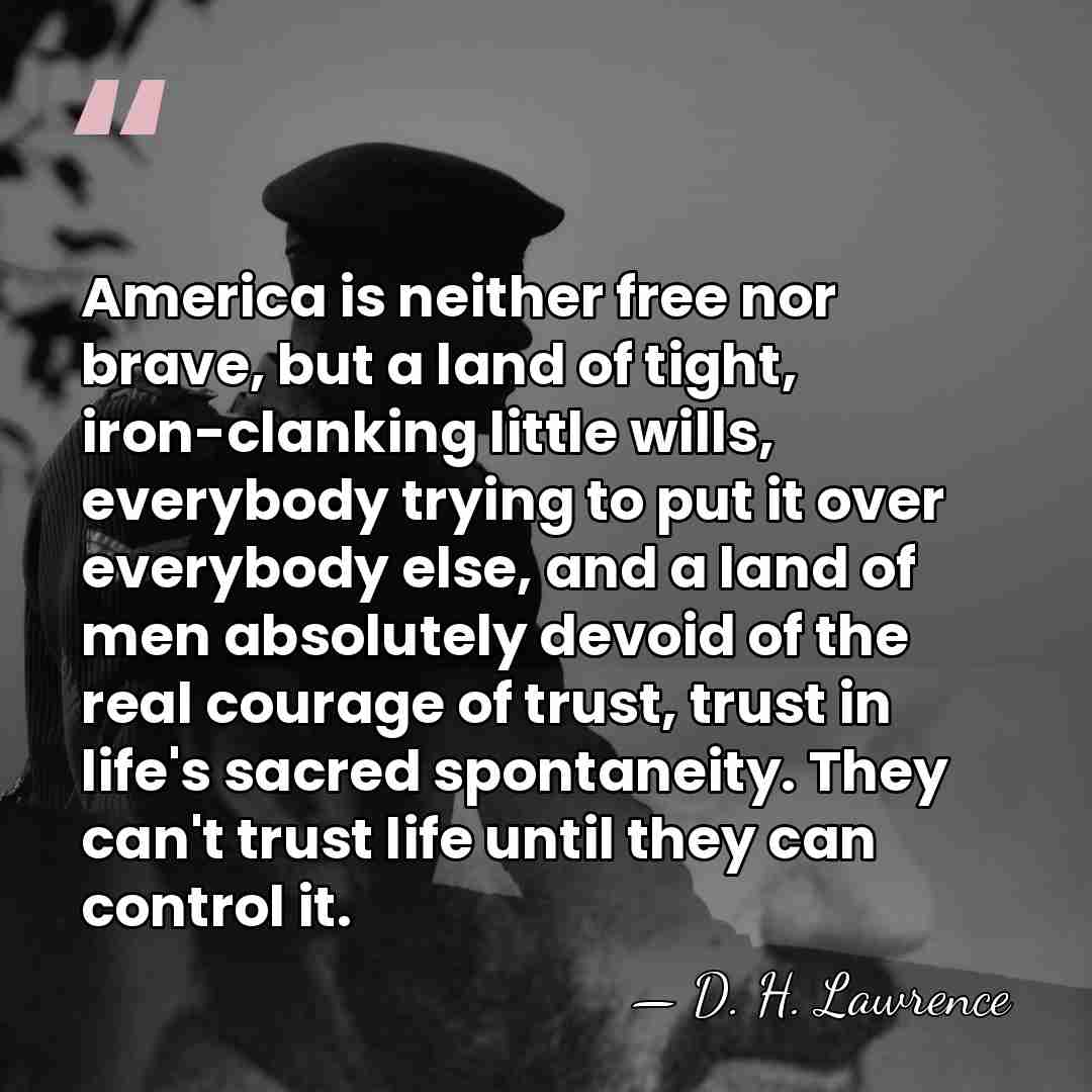America is neither free nor brave, but a land of tight, iron-clanking&hellip; - D. H. Lawrence