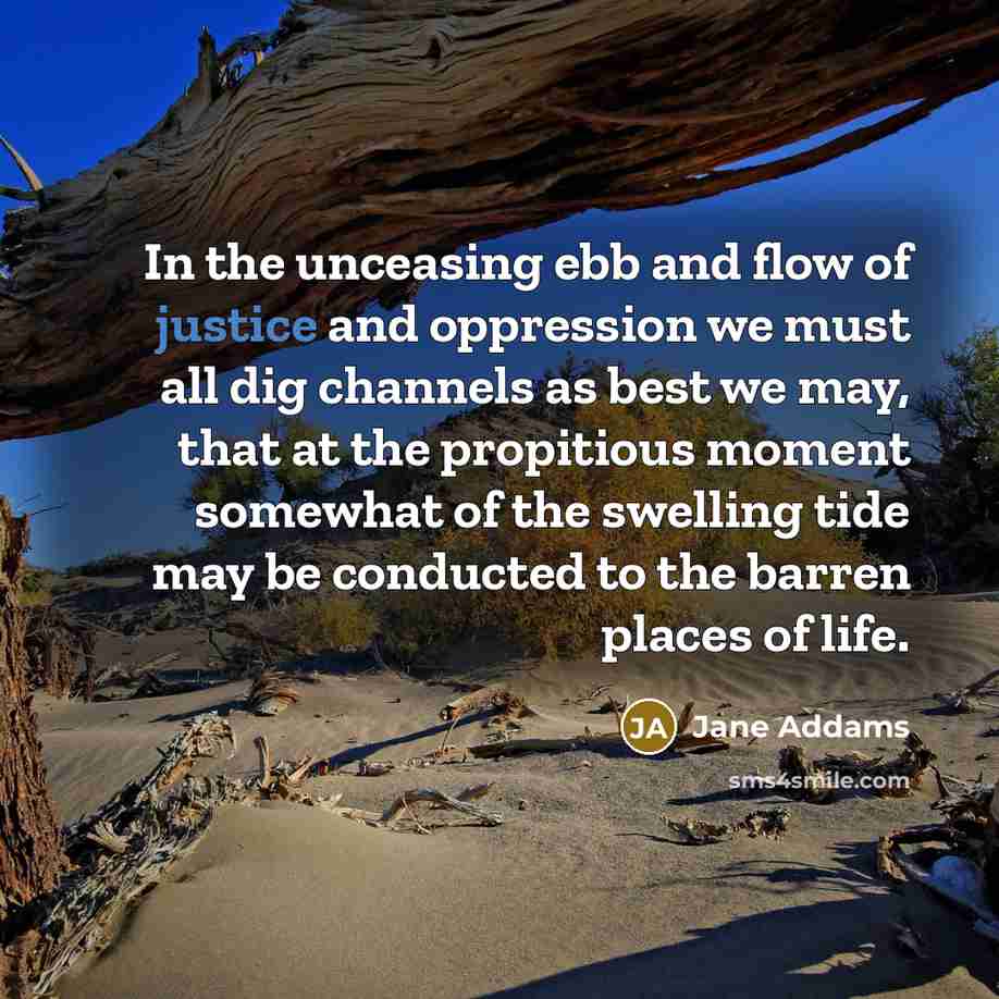 “In the unceasing ebb and flow of justice and oppression…” quote by Jane Addams