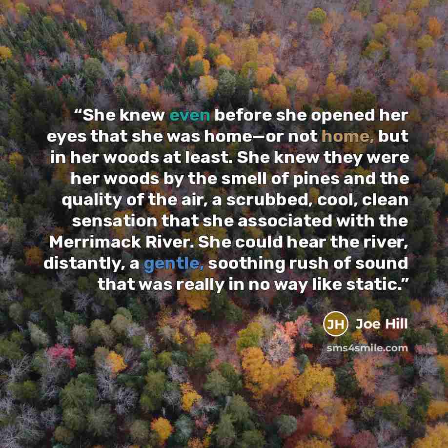 “She knew even before she opened her eyes that she was home—or not home, but in her woods at least. She knew they were her woods by the smell of pines and the quality of the air, a scrubbed, cool, clean sensation that she associated with the Merrimack River. She could hear the river, distantly, a…” quote by Joe Hill