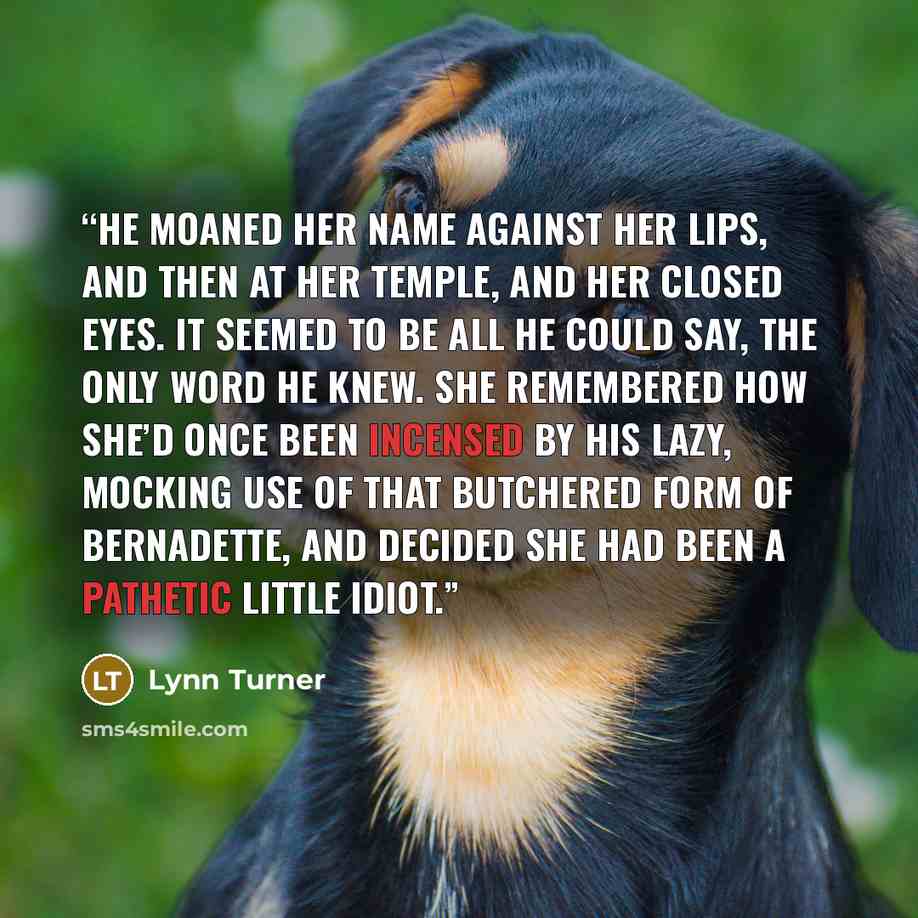 “He moaned her name against her lips, and then at her temple, and her closed eyes. It seemed to be all he could say, the only word he knew. She remembered how she’d once been incensed by his lazy, mocking use of that butchered form of Bernadette, and decided she had been a pathetic little idiot.” quote by Lynn Turner