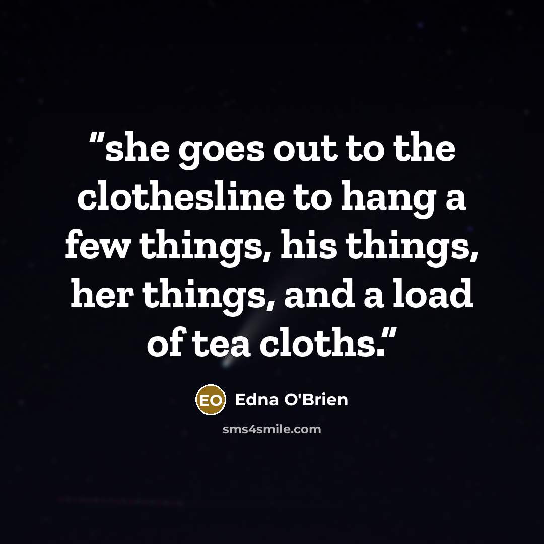 “she goes out to the clothesline to hang a few things, his things, her things, and a load of tea cloths.” quote by Edna O'Brien