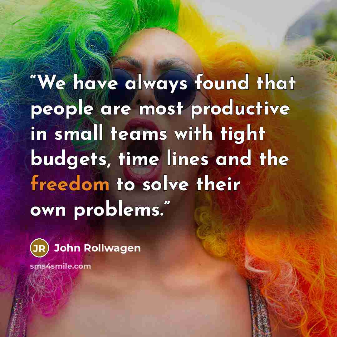 “We have always found that people are most productive in small teams with tight budgets, time lines and the freedom to solve their own problems.” quote by John Rollwagen