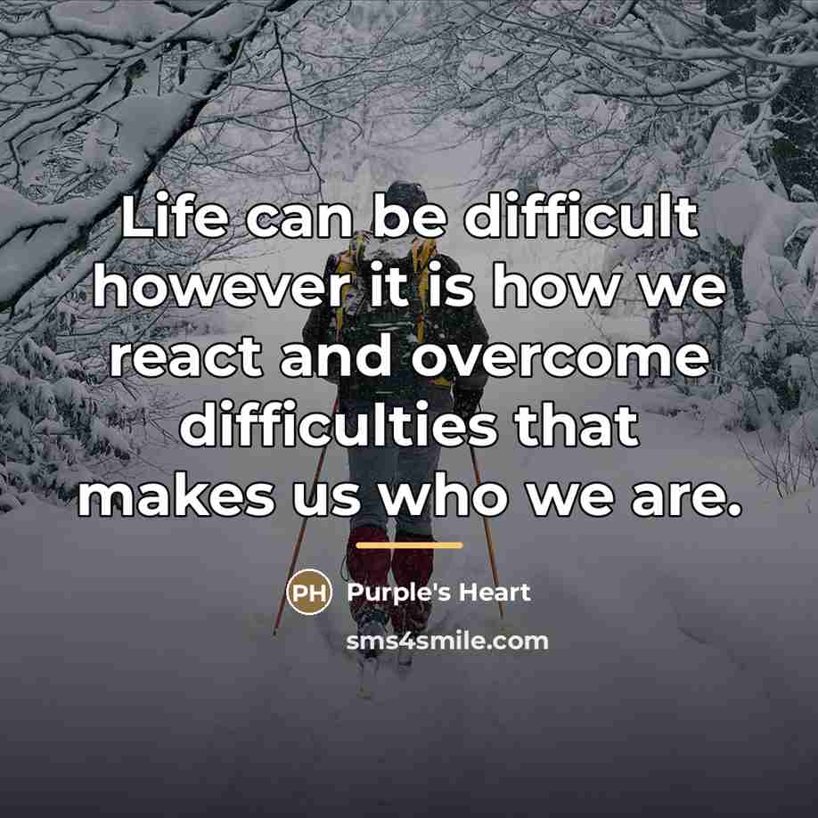“Life can be difficult however it is how we react…” quote by Purple's Heart