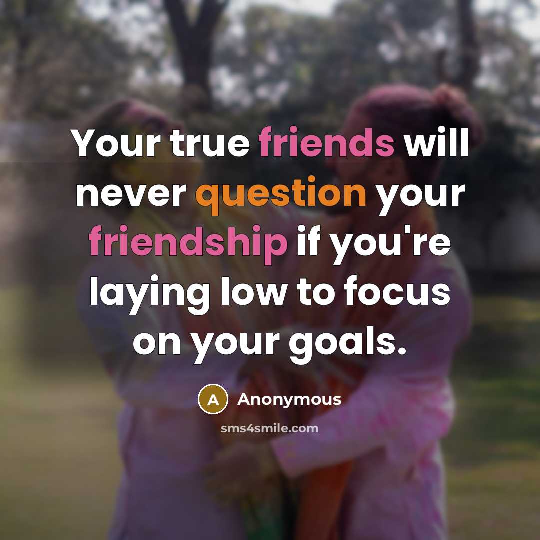 “Your true friends will never question your friendship if you're laying low to focus on your goals.” quote by Anonymous