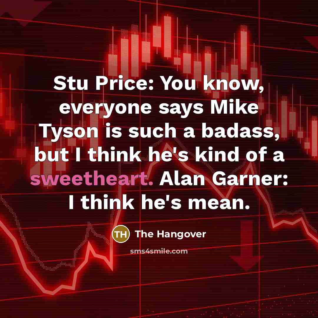 “Stu Price: You know, everyone says Mike Tyson is such a badass, but I think he's kind of a sweetheart. Alan Garner: I think he's mean.” quote by The Hangover