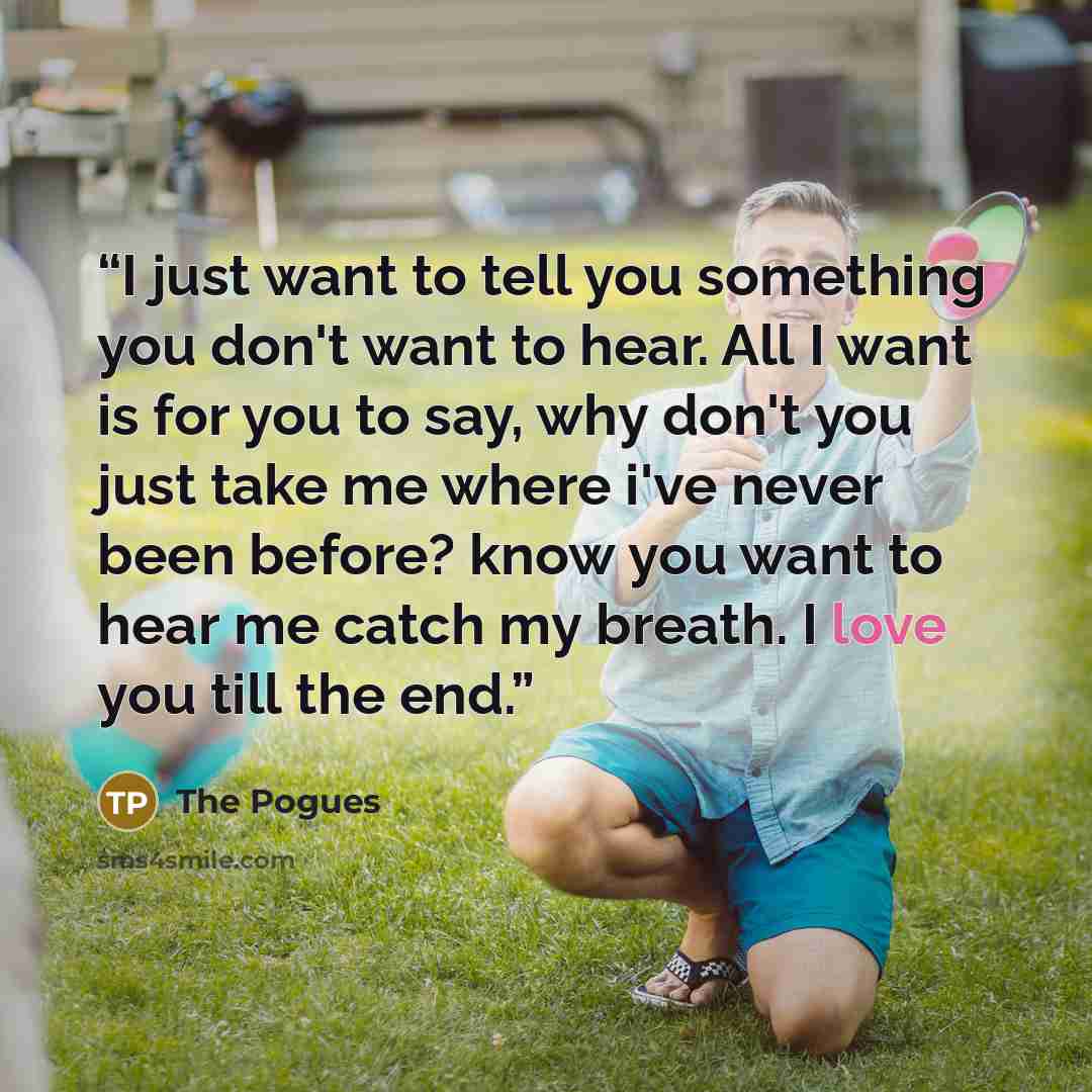 “I just want to tell you something you don't want to hear. All I want is for you to say, why don't you just take me where i've never been before? know you want to hear me catch my breath. I love you till the end.” quote by The Pogues