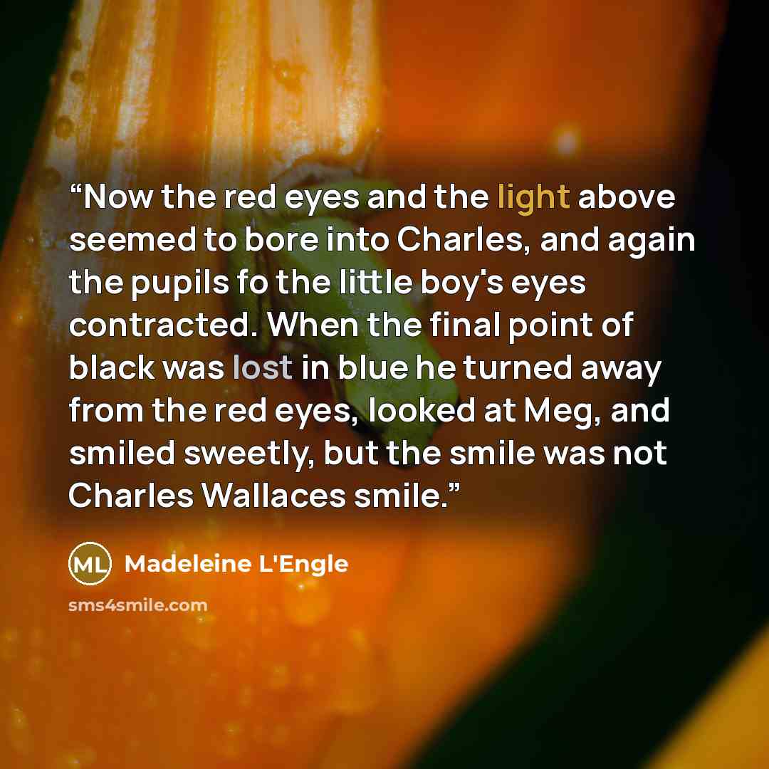 “Now the red eyes and the light above seemed to bore into Charles, and again the pupils fo the little boy's eyes contracted. When the final point of black was lost in blue he turned away from the red eyes, looked at Meg, and smiled sweetly, but the smile was not Charles Wallaces smile.” quote by Madeleine L'Engle