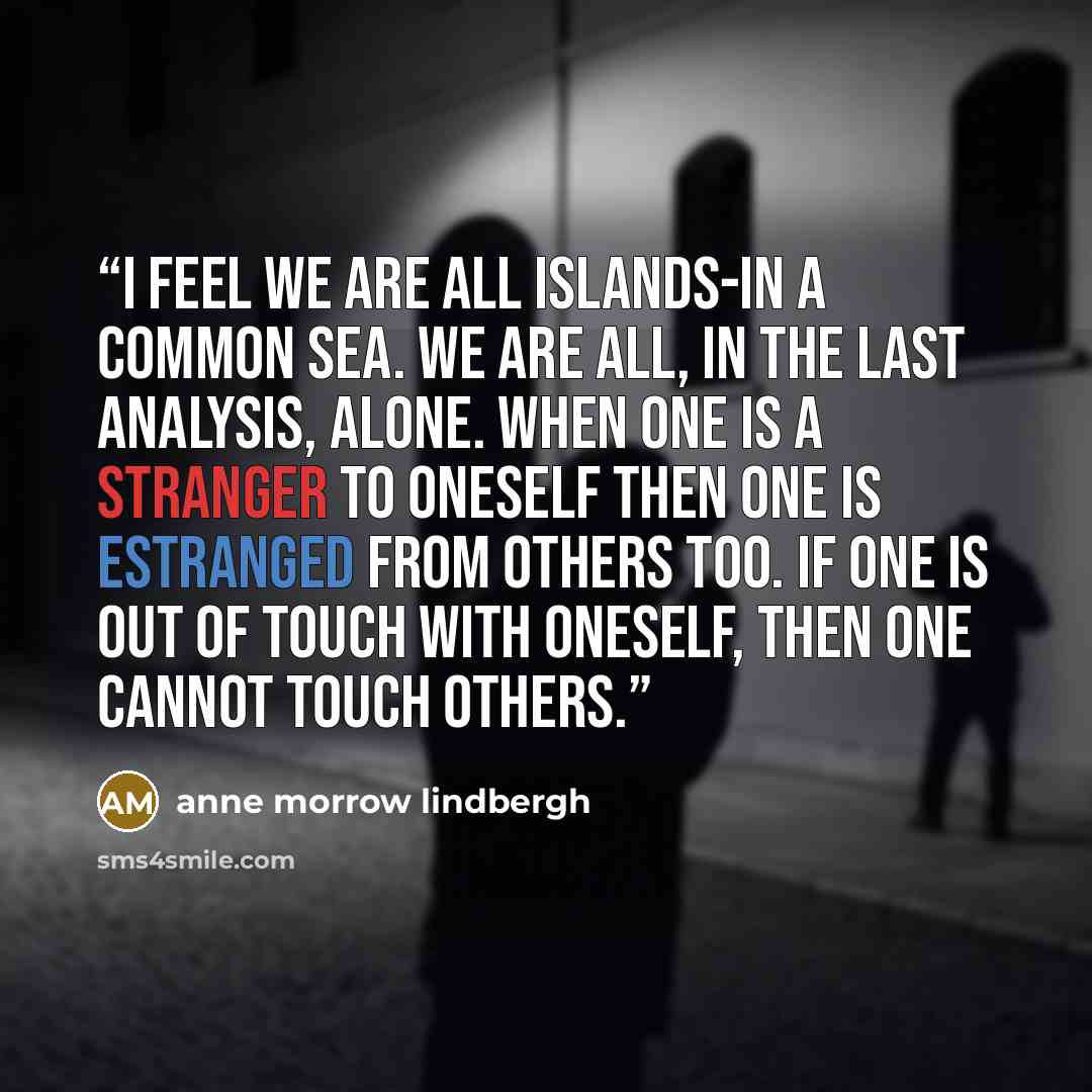 “I feel we are all islands-in a common sea. We are all, in the last analysis, alone. When one is a stranger to oneself then one is estranged from others too. If one is out of touch with oneself, then one cannot touch others.” quote by Anne Morrow Lindbergh