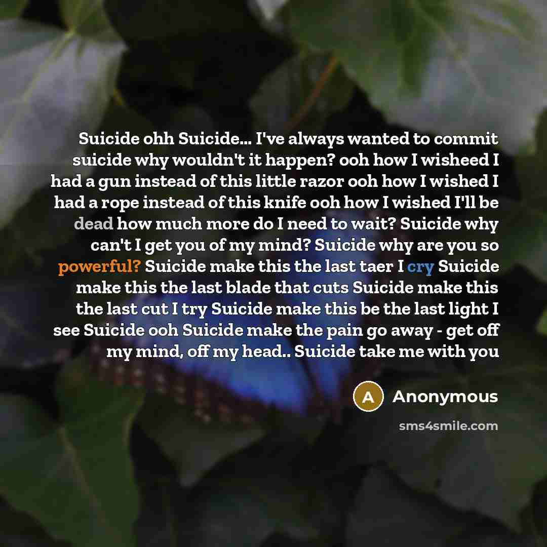 “Suicide ohh Suicide... I've always wanted to commit suicide why wouldn't it happen? ooh how I wisheed I had a gun instead of this little razor ooh how I wished I had a rope instead of this knife ooh how I wished I'll be dead how much more do I need to wait? Suicide why can't I get you of my mind?…” quote by Anonymous