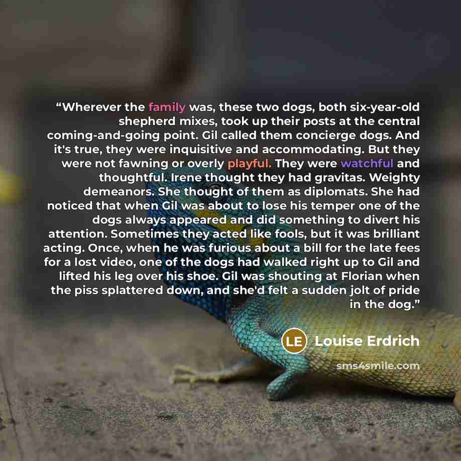 “Wherever the family was, these two dogs, both six-year-old shepherd mixes, took up their posts at the central coming-and-going point. Gil called them concierge dogs. And it's true, they were inquisitive and accommodating. But they were not fawning or overly playful. They were watchful and…” quote by Louise Erdrich