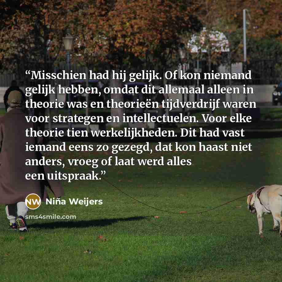 “Misschien had hij gelijk. Of kon niemand gelijk hebben, omdat dit allemaal alleen in theorie was en theorieën tijdverdrijf waren voor strategen en intellectuelen. Voor elke theorie tien werkelijkheden. Dit had vast iemand eens zo gezegd, dat kon haast niet anders, vroeg of laat werd alles een…” quote by Niña Weijers