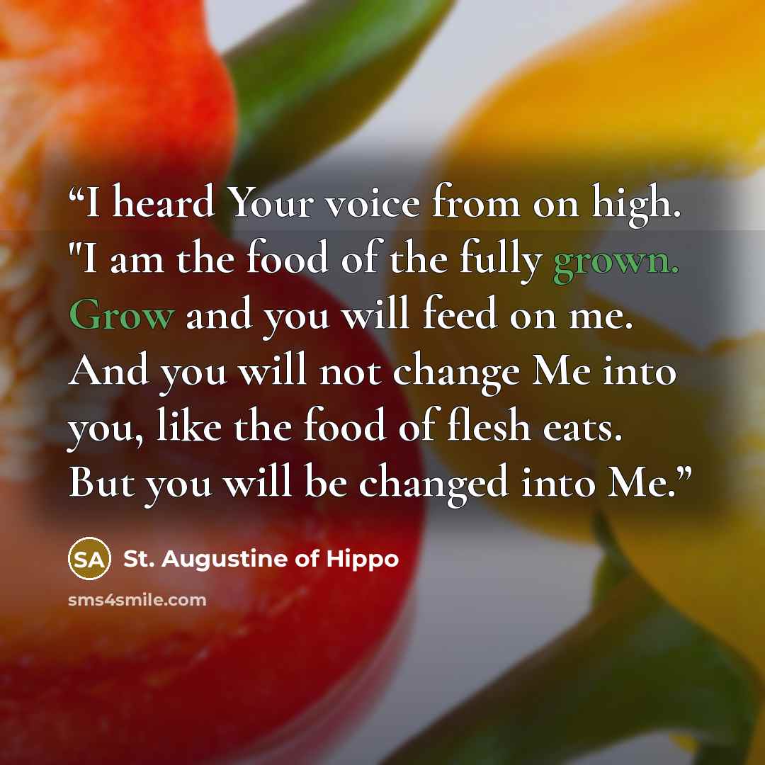 “I heard Your voice from on high. "I am the food of the fully grown. Grow and you will feed on me. And you will not change Me into you, like the food of flesh eats. But you will be changed into Me.” quote by St. Augustine of Hippo