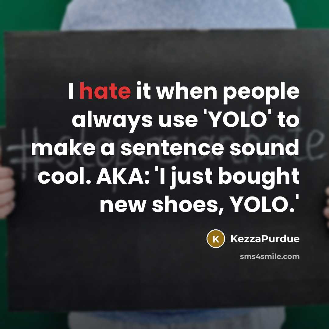 “I hate it when people always use 'YOLO' to make a sentence sound cool. AKA: 'I just bought new shoes, YOLO.'” quote by KezzaPurdue
