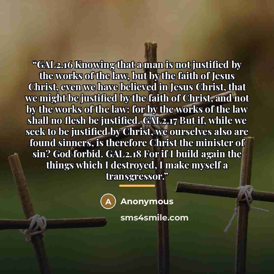 “GAL2.16 Knowing that a man is not justified by the works of the law, but by the faith of Jesus Christ, even we have believed in Jesus Christ, that we might be justified by the faith of Christ, and not by the works of the law: for by the works of the law shall no flesh be justified. GAL2.17 But if…” quote by Anonymous