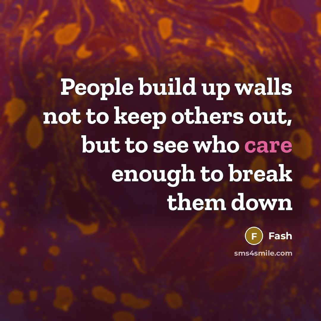 “People build up walls not to keep others out, but to see who care enough to break them down” quote by Fash