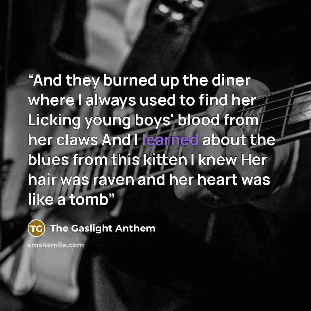 “And they burned up the diner where I always used to find her Licking young boys' blood from her claws And I learned about the blues from this kitten I knew Her hair was raven and her heart was like a tomb” quote by The Gaslight Anthem