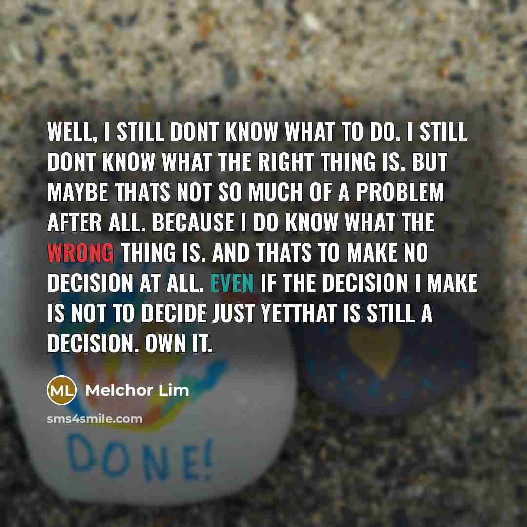 “Well, I still dont know what to do. I still dont know what the right thing is. But maybe thats not so much of a problem after all. Because I do know what the wrong thing is. And thats to make no decision at all. Even if the decision I make is not to decide just yetthat is still a decision. Own it.” quote by Melchor Lim