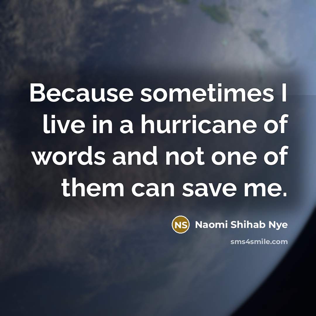 “Because sometimes I live in a hurricane of words and not one of them can save me.” quote by Naomi Shihab Nye