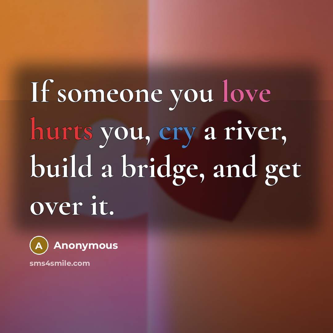 “If someone you love hurts you, cry a river, build a bridge, and get over it.” quote by Anonymous