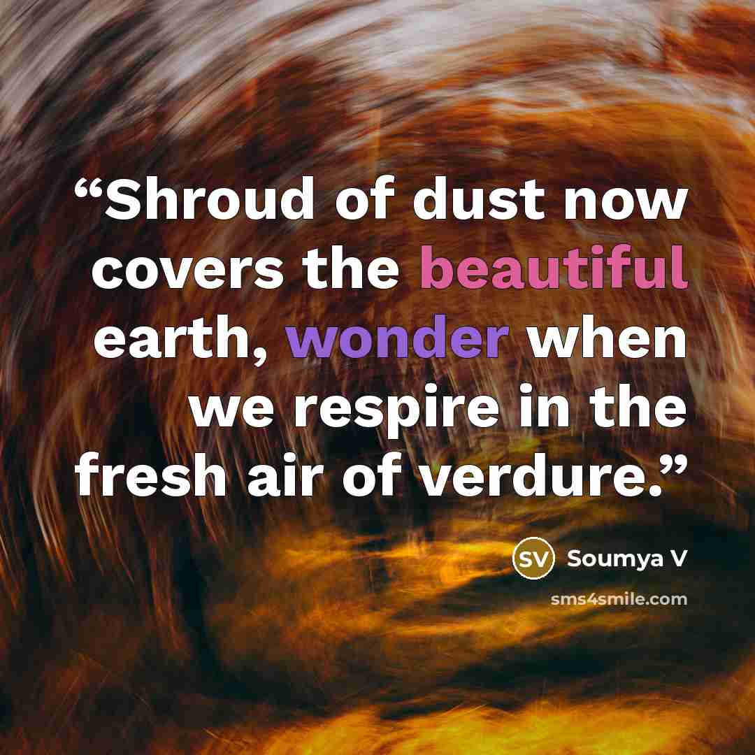 “Shroud of dust now covers the beautiful earth, wonder when we respire in the fresh air of verdure.” quote by Soumya V