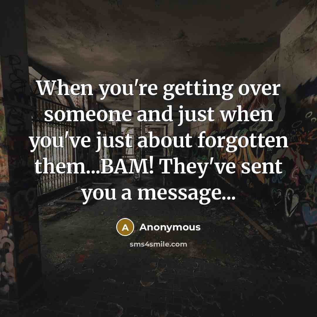 “When you're getting over someone and just when you've just about forgotten them...BAM! They've sent you a message...” quote by Anonymous