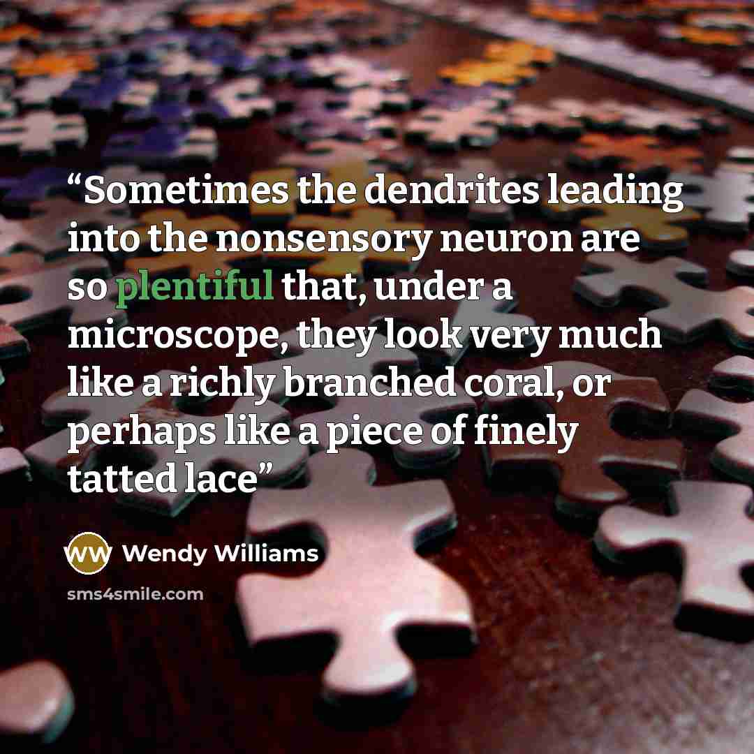 “Sometimes the dendrites leading into the nonsensory neuron are so plentiful that, under a microscope, they look very much like a richly branched coral, or perhaps like a piece of finely tatted lace” quote by Wendy Williams