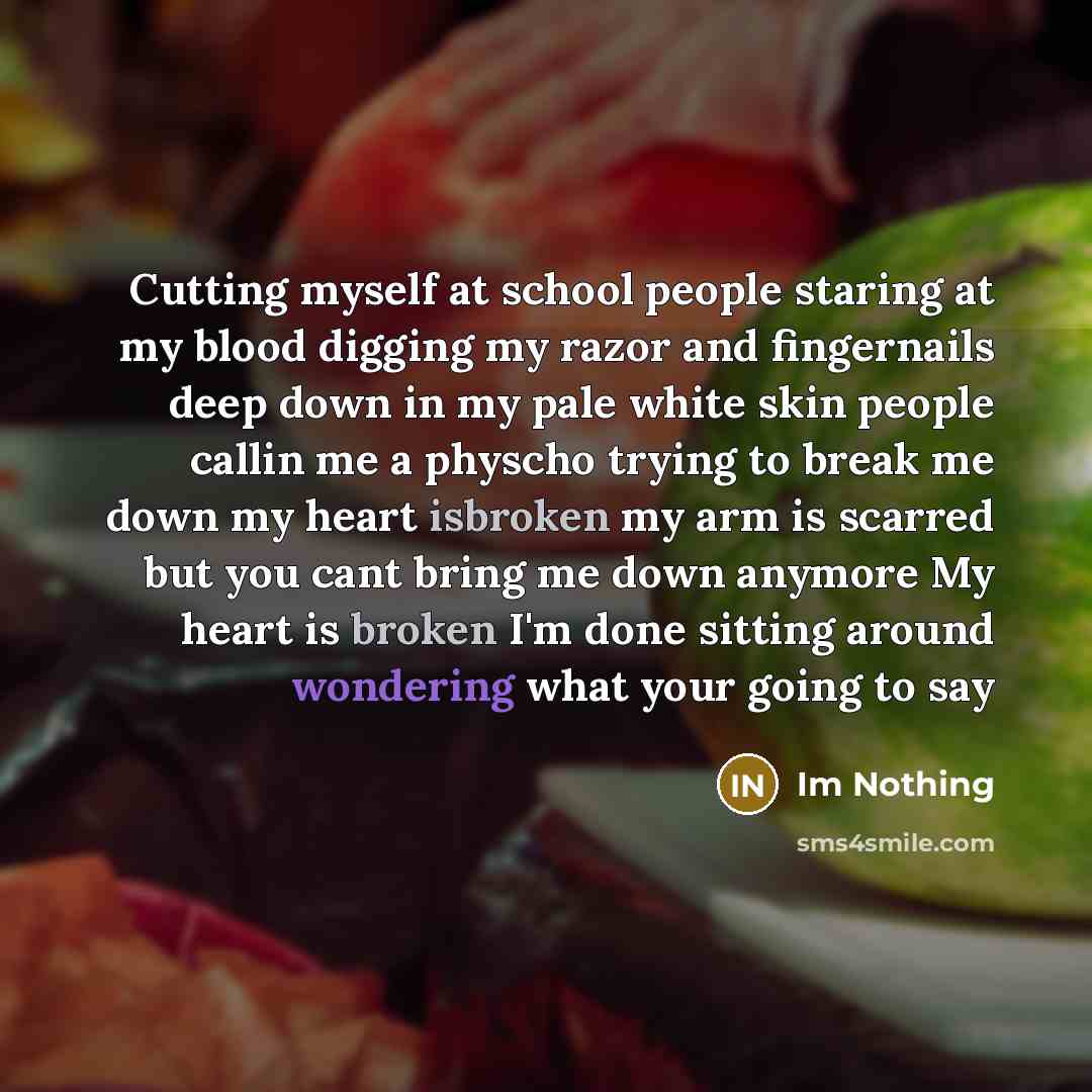 “Cutting myself at school people staring at my blood digging my razor and fingernails deep down in my pale white skin people callin me a physcho trying to break me down my heart isbroken my arm is scarred but you cant bring me down anymore My heart is broken I'm done sitting around wondering what…” quote by Im Nothing