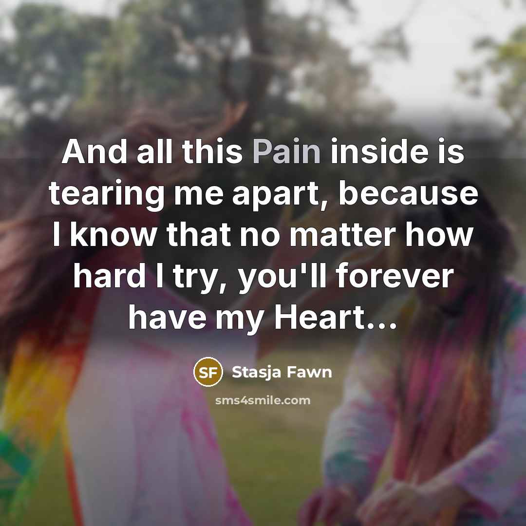 “And all this Pain inside is tearing me apart, because I know that no matter how hard I try, you'll forever have my Heart...” quote by Stasja Fawn