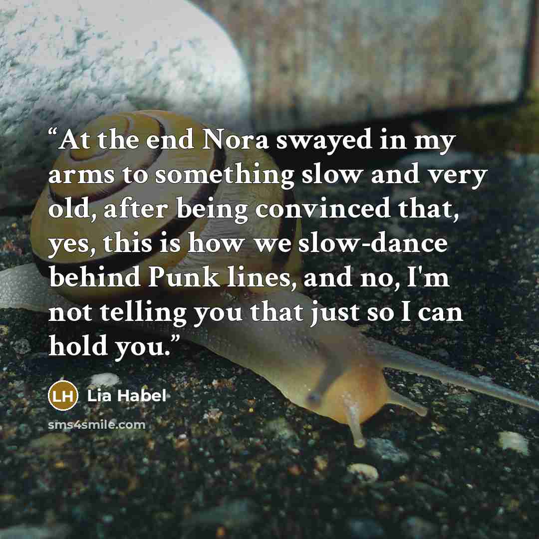 “At the end Nora swayed in my arms to something slow and very old, after being convinced that, yes, this is how we slow-dance behind Punk lines, and no, I'm not telling you that just so I can hold you.” quote by Lia Habel