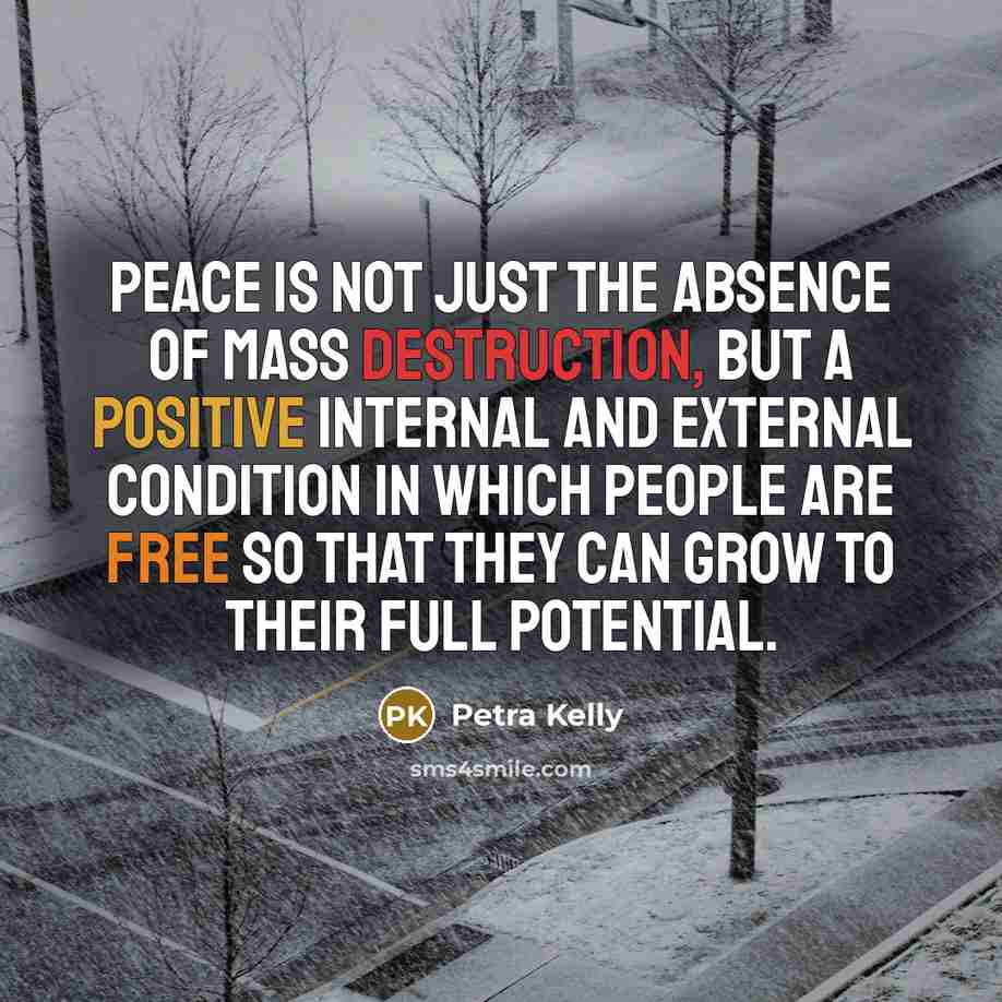 “Peace is not just the absence of mass destruction, but…” quote by Petra Kelly