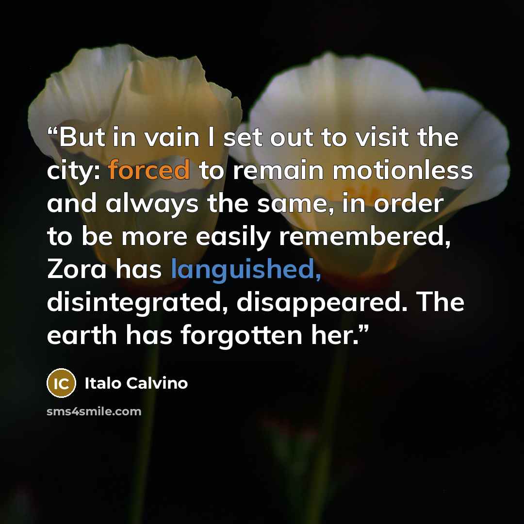 “But in vain I set out to visit the city: forced to remain motionless and always the same, in order to be more easily remembered, Zora has languished, disintegrated, disappeared. The earth has forgotten her.” quote by Italo Calvino