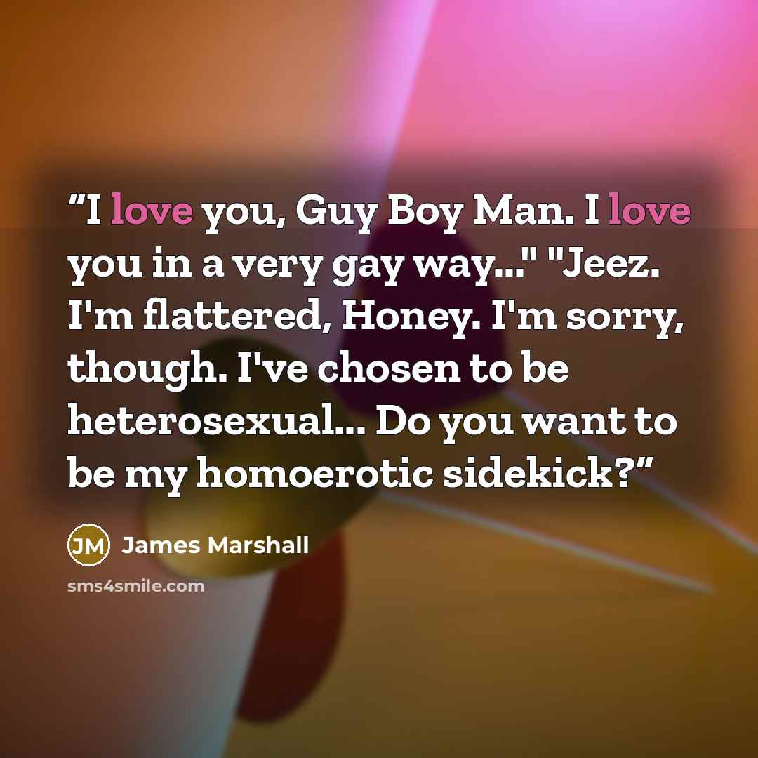 “I love you, Guy Boy Man. I love you in a very gay way..." "Jeez. I'm flattered, Honey. I'm sorry, though. I've chosen to be heterosexual... Do you want to be my homoerotic sidekick?” quote by James Marshall