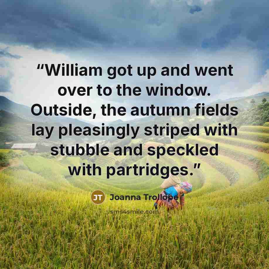 “William got up and went over to the window. Outside, the autumn fields lay pleasingly striped with stubble and speckled with partridges.” quote by Joanna Trollope