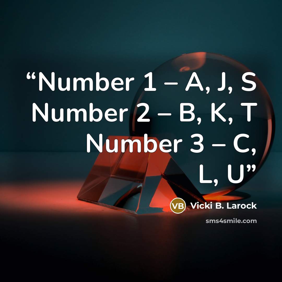 “Number 1 – A, J, S Number 2 – B, K, T Number 3 – C, L, U” quote by Vicki B. Larock