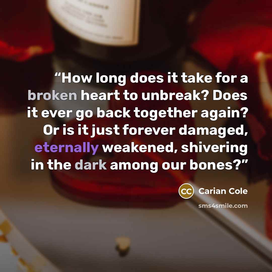 “How long does it take for a broken heart to unbreak? Does it ever go back together again? Or is it just forever damaged, eternally weakened, shivering in the dark among our bones?” quote by Carian Cole