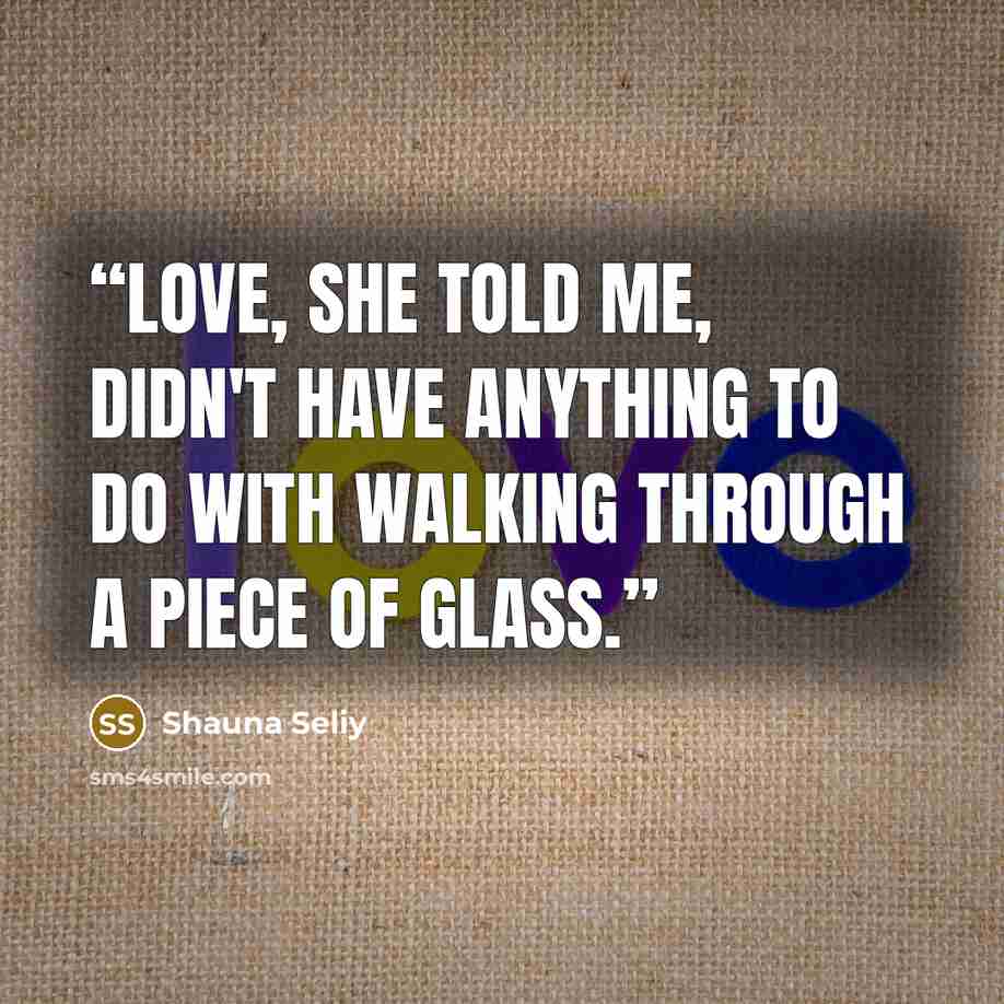 “Love, she told me, didn't have anything to do with walking through a piece of glass.” quote by Shauna Seliy
