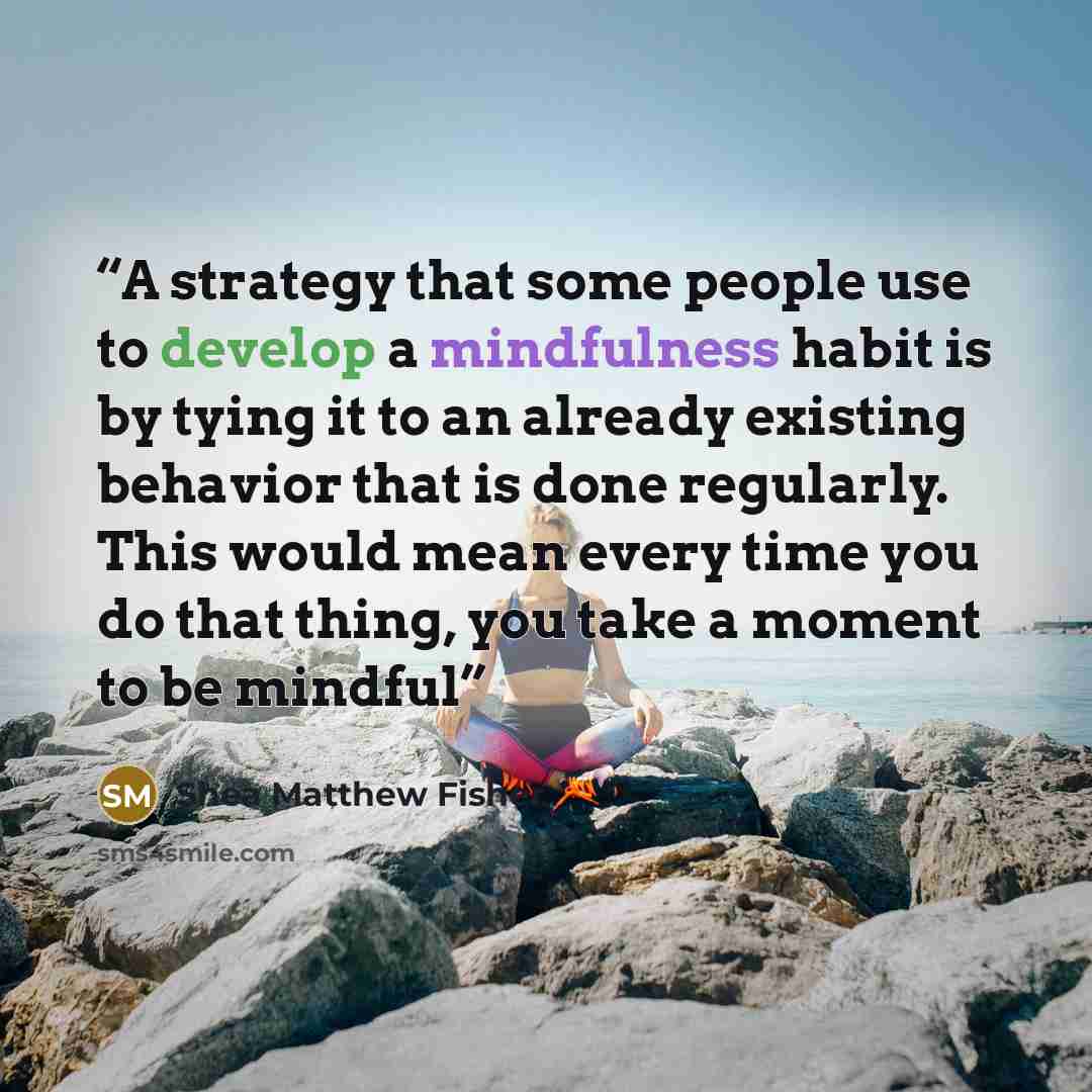 “A strategy that some people use to develop a mindfulness habit is by tying it to an already existing behavior that is done regularly. This would mean every time you do that thing, you take a moment to be mindful” quote by Shea Matthew Fisher