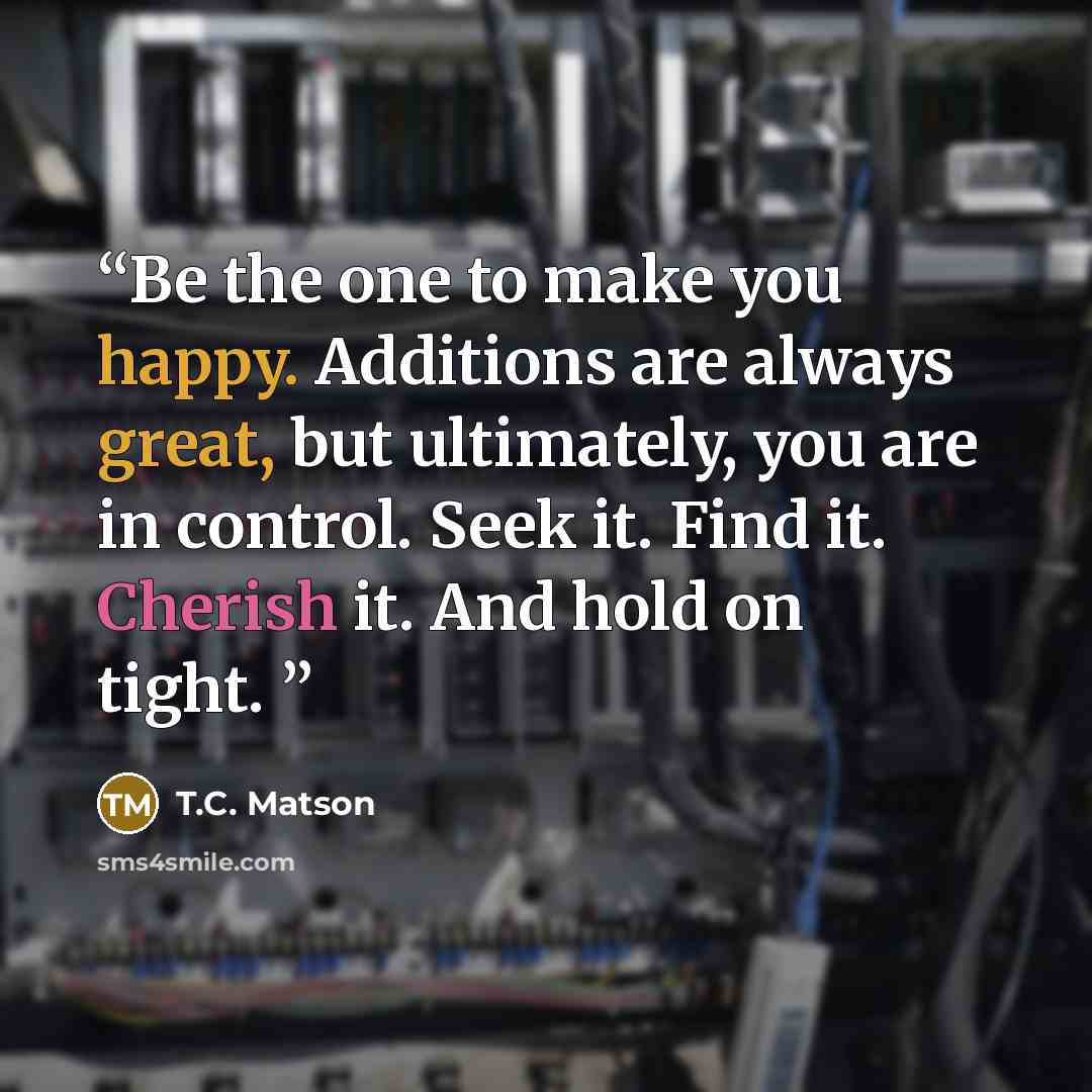 “Be the one to make you happy. Additions are always great, but ultimately, you are in control. Seek it. Find it. Cherish it. And hold on tight.” quote by T.C. Matson