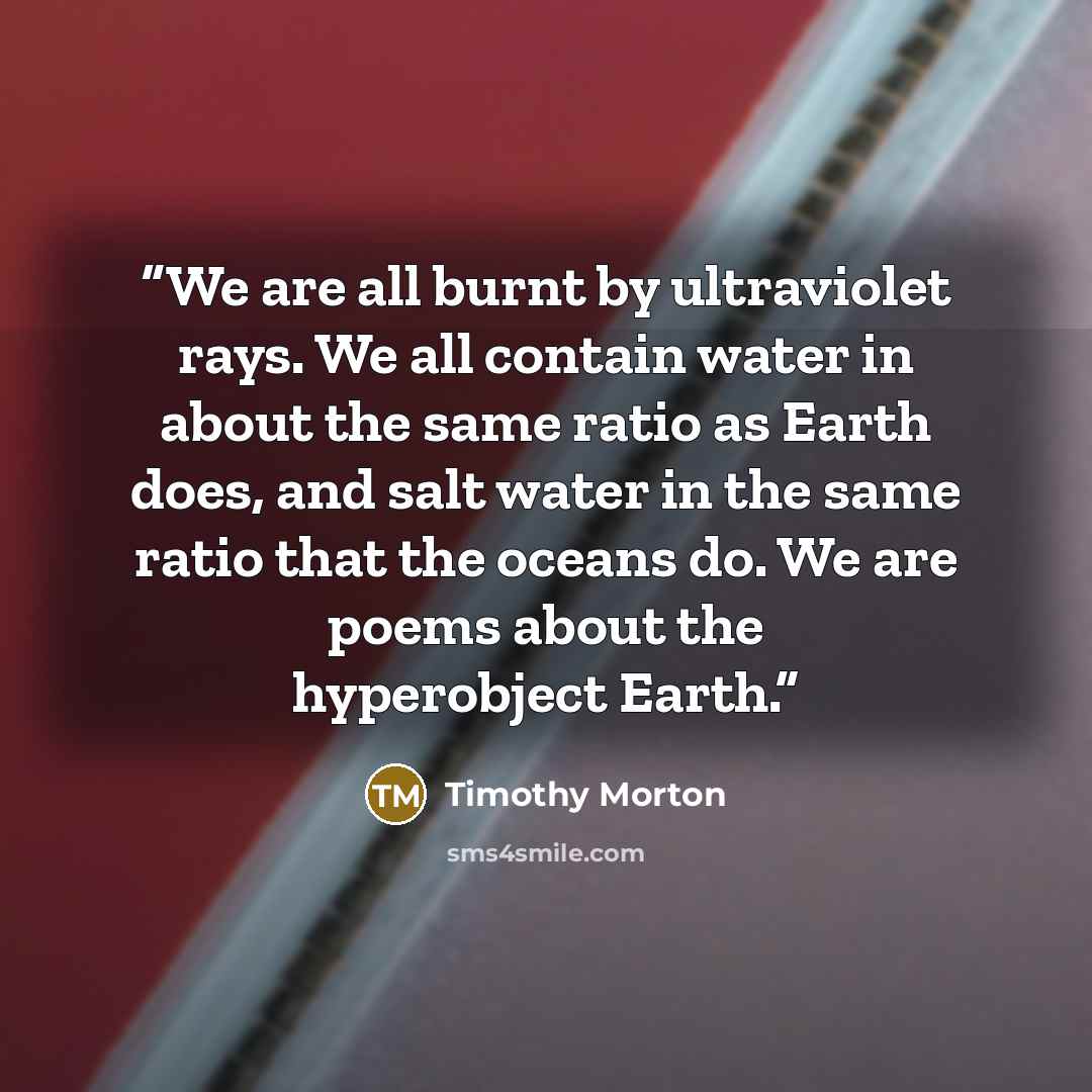 “We are all burnt by ultraviolet rays. We all contain water in about the same ratio as Earth does, and salt water in the same ratio that the oceans do. We are poems about the hyperobject Earth.” quote by Timothy Morton